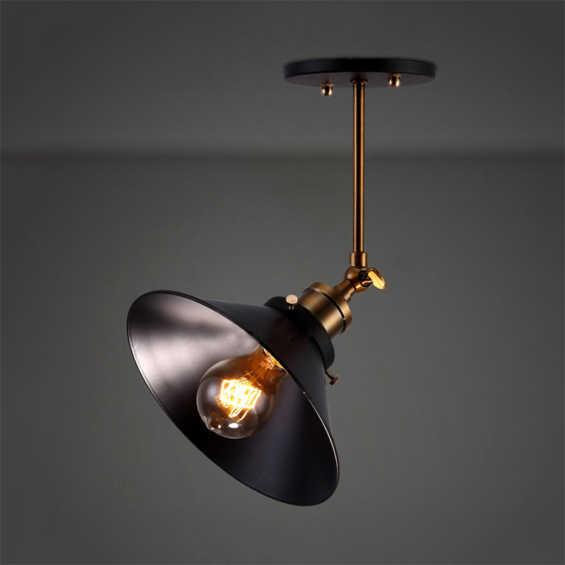 1 Bulb Conical Ceiling Lighting Vintage Stylish Black Metallic Semi Flush Ceiling Light for Dining Room