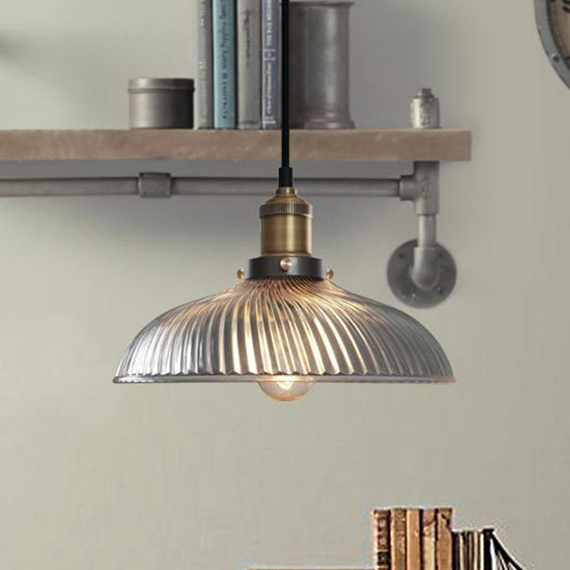 1-Light Ceiling Pendant Light Industrial Dome-Shaped Ribbed Glass Hanging Lamp for Coffee Shop in Brass