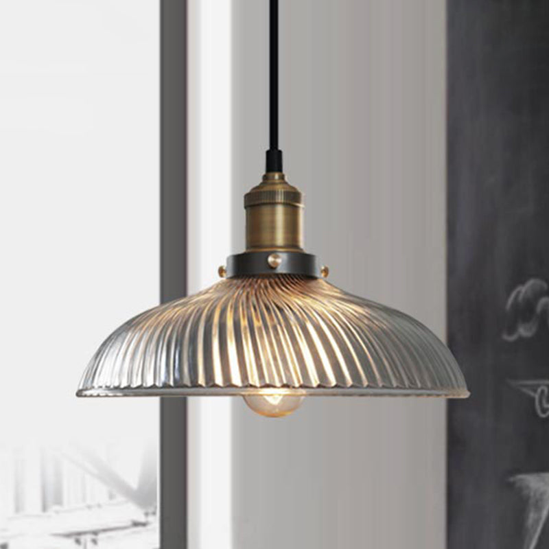 1-Light Ceiling Pendant Light Industrial Dome-Shaped Ribbed Glass Hanging Lamp for Coffee Shop in Brass