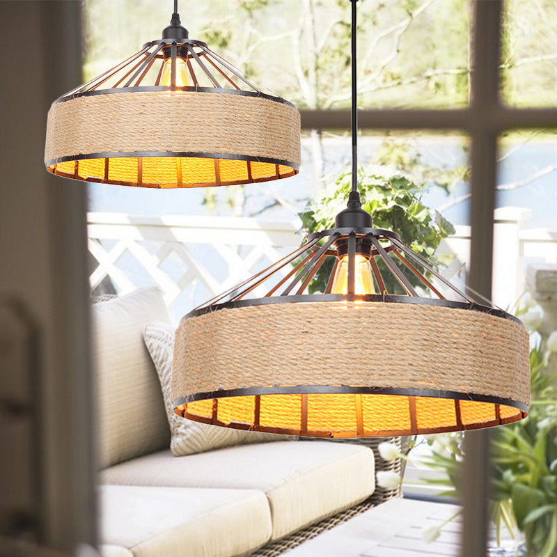 Drum Shade Rope Pendant Ceiling Light Vintage Style 1 Bulb Coffee Shop Hanging Light in Black