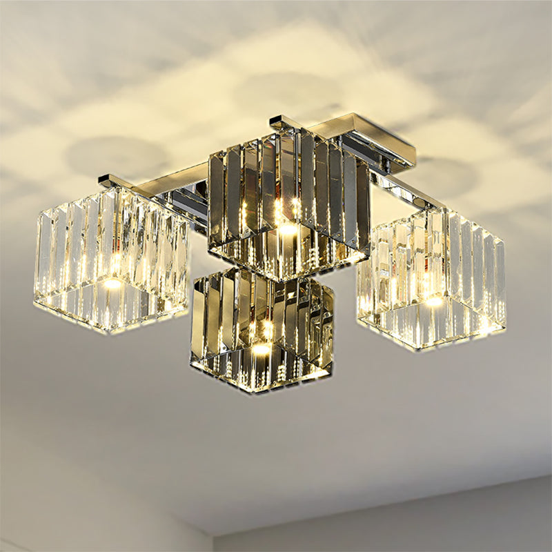 Crystal Cube Flush Ceiling Lamp Modern 4/6/9 Lights Modern Indoor Flush Light in Polished Chrome