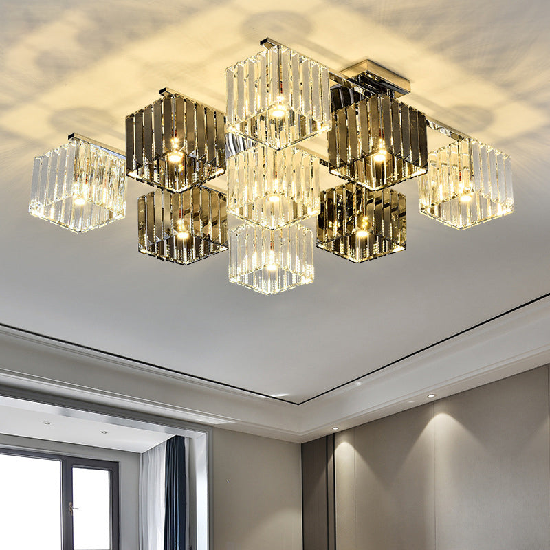 Crystal Cube Flush Sofiling Lampada moderna 4/6/9 Luci moderna a filo interno in cromo lucido