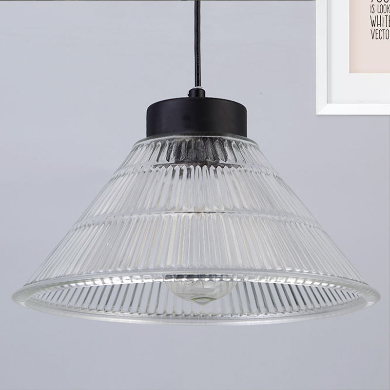 Black/Brass Cone Pendant Ceiling Light Farmhouse Ribbed Glass Single-Bulb Dining Room Hanging Lamp