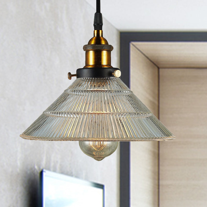 Black/Brass Cone Pendant Ceiling Light Farmhouse Ribbed Glass Single-Bulb Dining Room Hanging Lamp