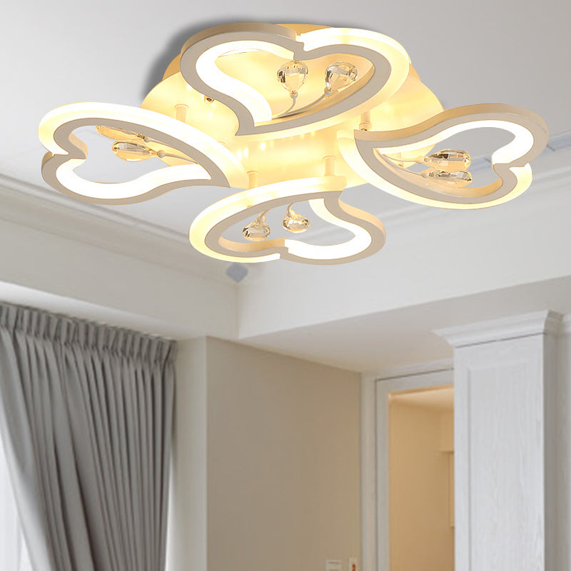 19.5"/23.5"/31.5" W White Heart Shape Semi Flush Light Modern LED Acrylic Ceiling Lamp with Crystal Accent in Warm/White Light