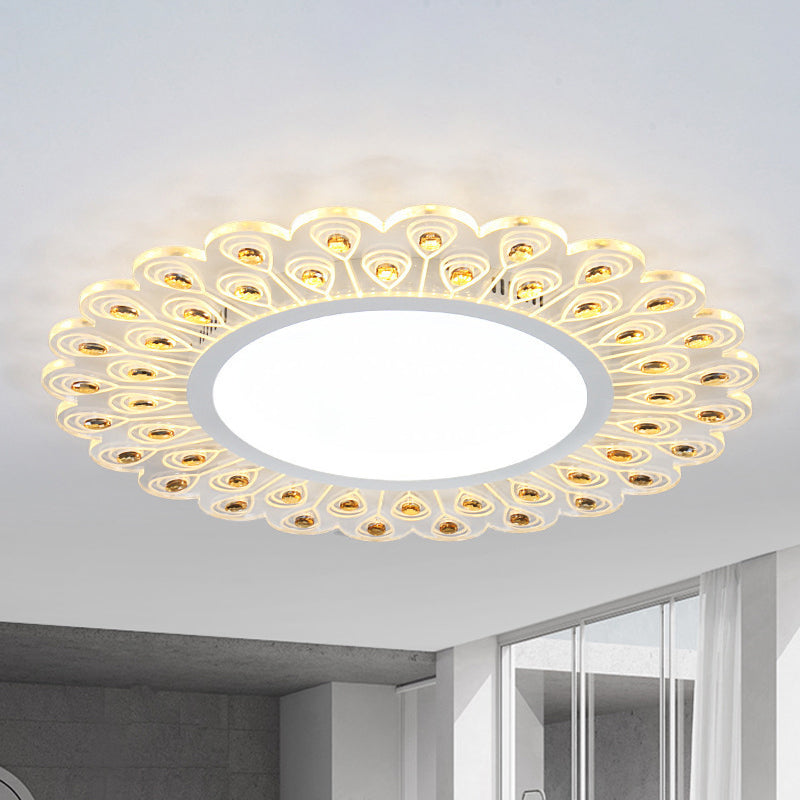 Clear Crystal Round Ceiling Light Fixture Modern LED White Flush Light with Peacock Tail Design in Warm/White Light, 14"/19.5" W