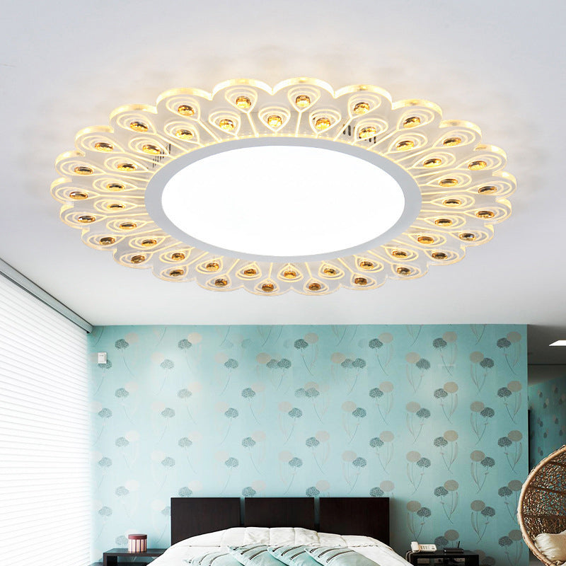 Clear Crystal Round Ceiling Light Fixture Modern LED White Flush Light with Peacock Tail Design in Warm/White Light, 14"/19.5" W