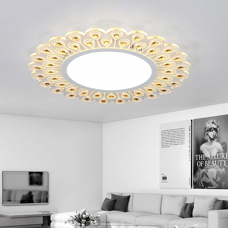 Clear Crystal Round Ceiling Light Fixture Modern LED White Flush Light with Peacock Tail Design in Warm/White Light, 14"/19.5" W