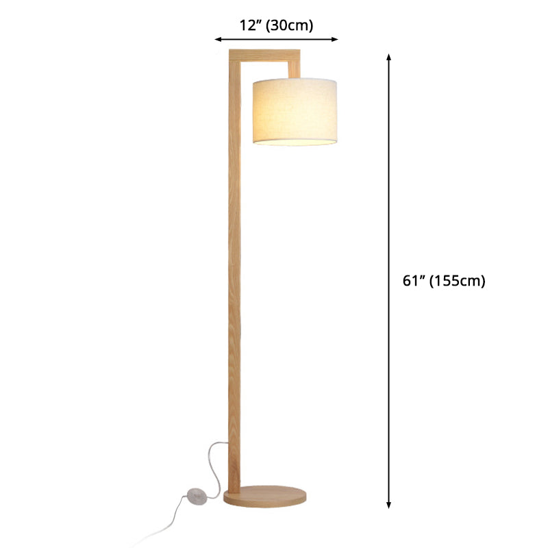 Wood Right Angle Arm Floor Lamp Asian Single Head Beige Floor Standing Lamp with Drum Fabric Shade