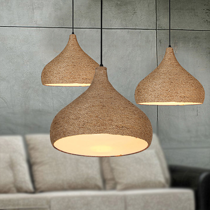 Hemp Rope Teardrop Pendant Light Lodge Stylish 1 Bulb Living Room Suspension Lamp in Beige