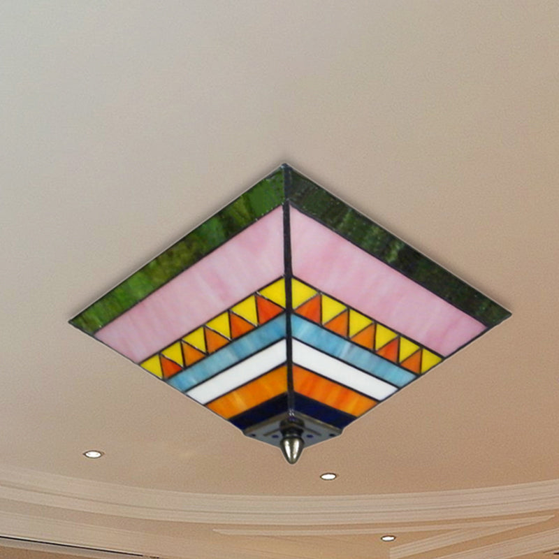 Multicolored Pyramid Flush Ceiling Light Craftsman Stained Glass 2 Bulbs Flush Mount Light for Foyer