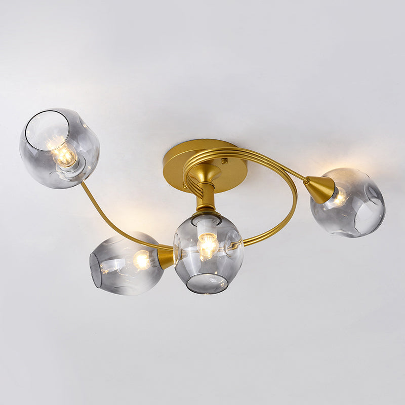 Bud Shade Study Room Ceiling Light with Gold Twist Arm Glass Modern Semi Flushmount Light in Smoke Gray