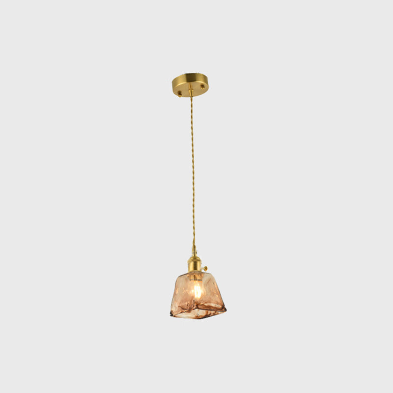 Brass Shaded Drop Pendant Vintage Handmade Tan Glass 1-Bulb Living Room Pendulum Light