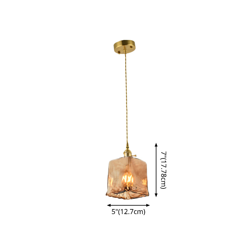 Brass Shaded Drop Pendant Vintage Handmade Tan Glass 1-Bulb Living Room Pendulum Light