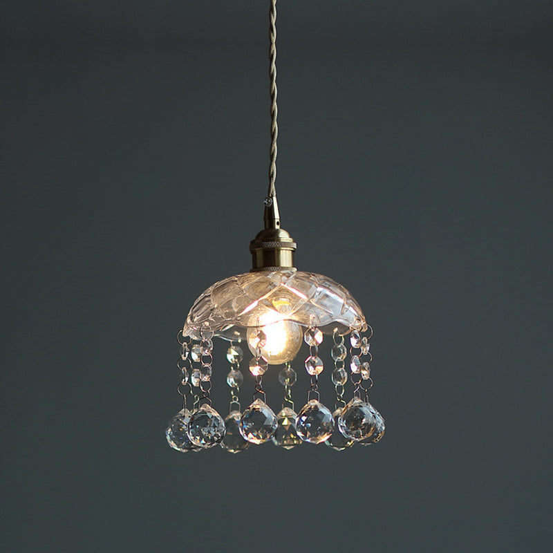 Messing 1-head plafondlicht vintage helder glazen bloem hanglamp met druppel kristallen