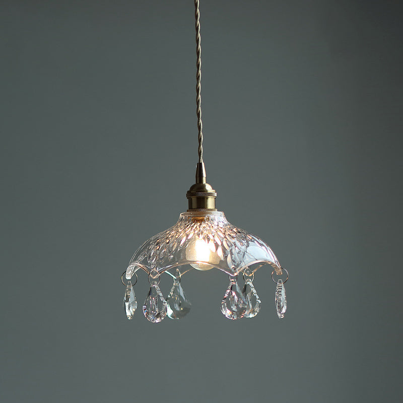 Brass 1-Head Ceiling Light Vintage Clear Glass Flower Pendant Light with Teardrop Crystals