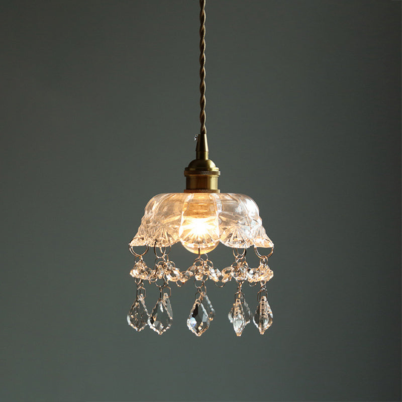 Brass 1-Head Ceiling Light Vintage Clear Glass Flower Pendant Light with Teardrop Crystals