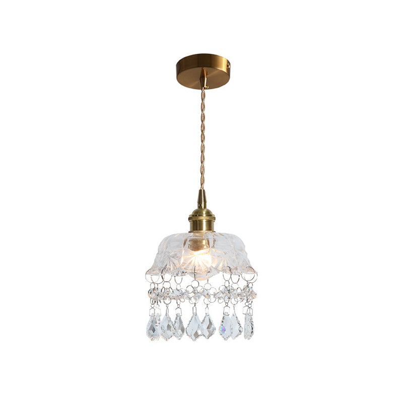 Messing 1-head plafondlicht vintage helder glazen bloem hanglamp met druppel kristallen