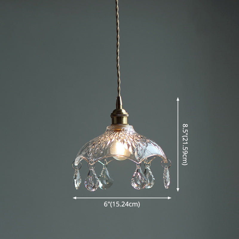 Brass 1-Head Ceiling Light Vintage Clear Glass Flower Pendant Light with Teardrop Crystals