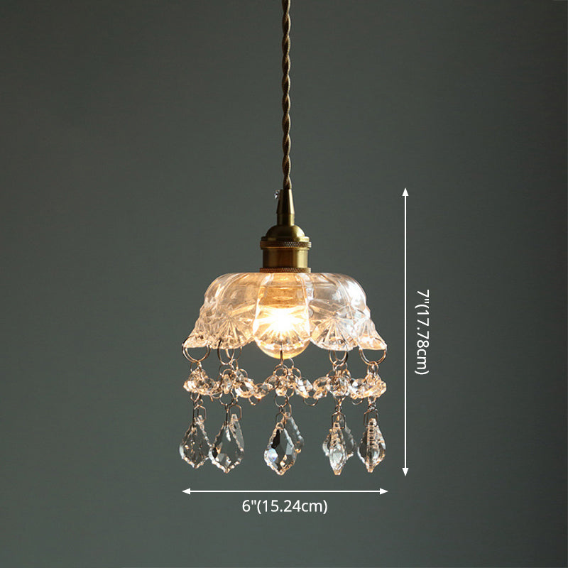 Brass 1-Head Ceiling Light Vintage Clear Glass Flower Pendant Light with Teardrop Crystals