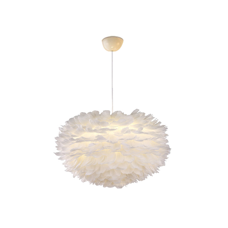 White Globe Shaped Hanging Chandelier Nordic Style Feather Suspended Lighting Fixture