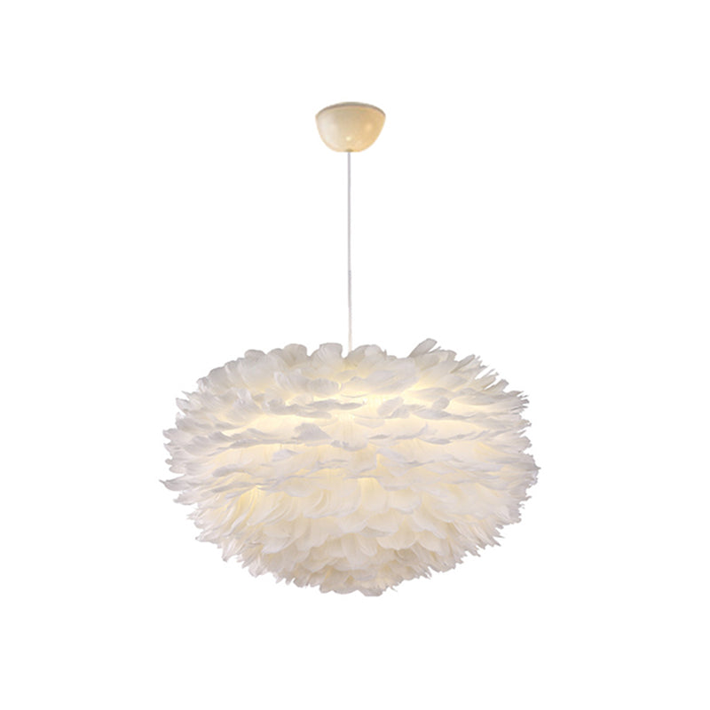 White Globe Shaped Hanging Chandelier Nordic Style Feather Suspended Lighting Fixture