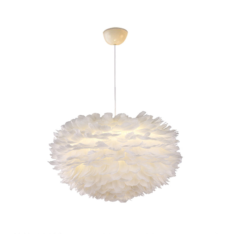 White Globe Shaped Hanging Chandelier Nordic Style Feather Suspended Lighting Fixture