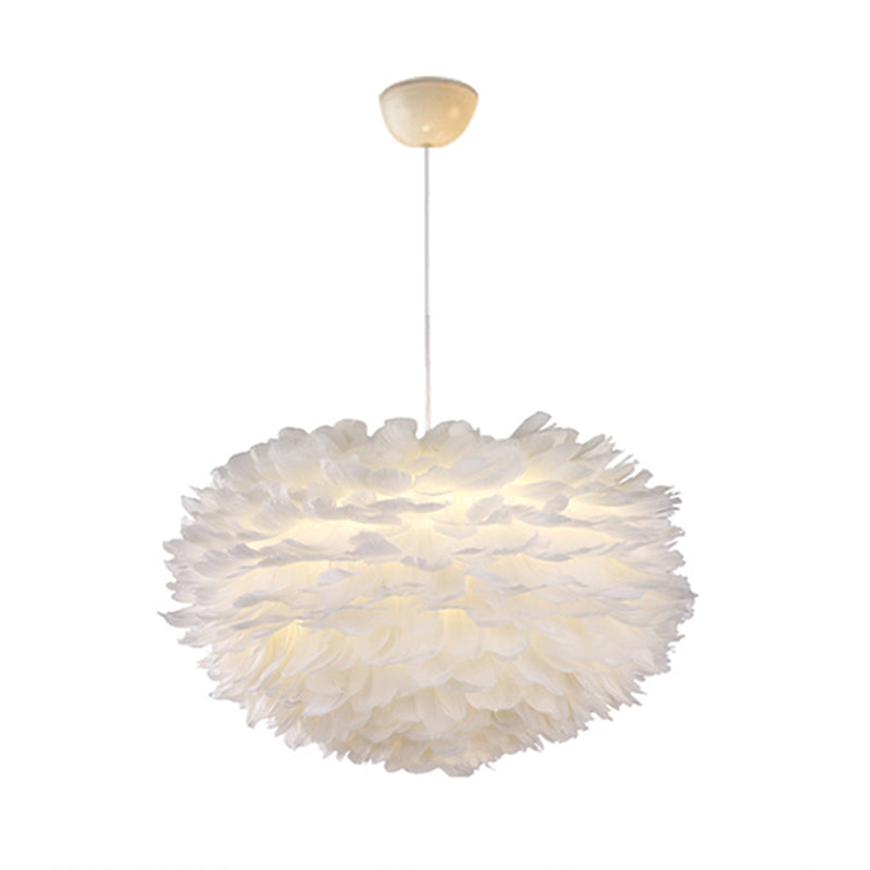 White Globe Shaped Hanging Chandelier Nordic Style Feather Suspended Lighting Fixture