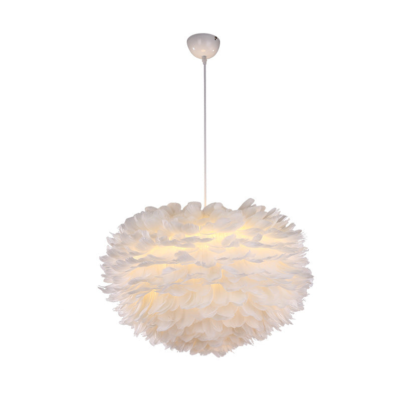 White Globe Shaped Hanging Chandelier Nordic Style Feather Suspended Lighting Fixture