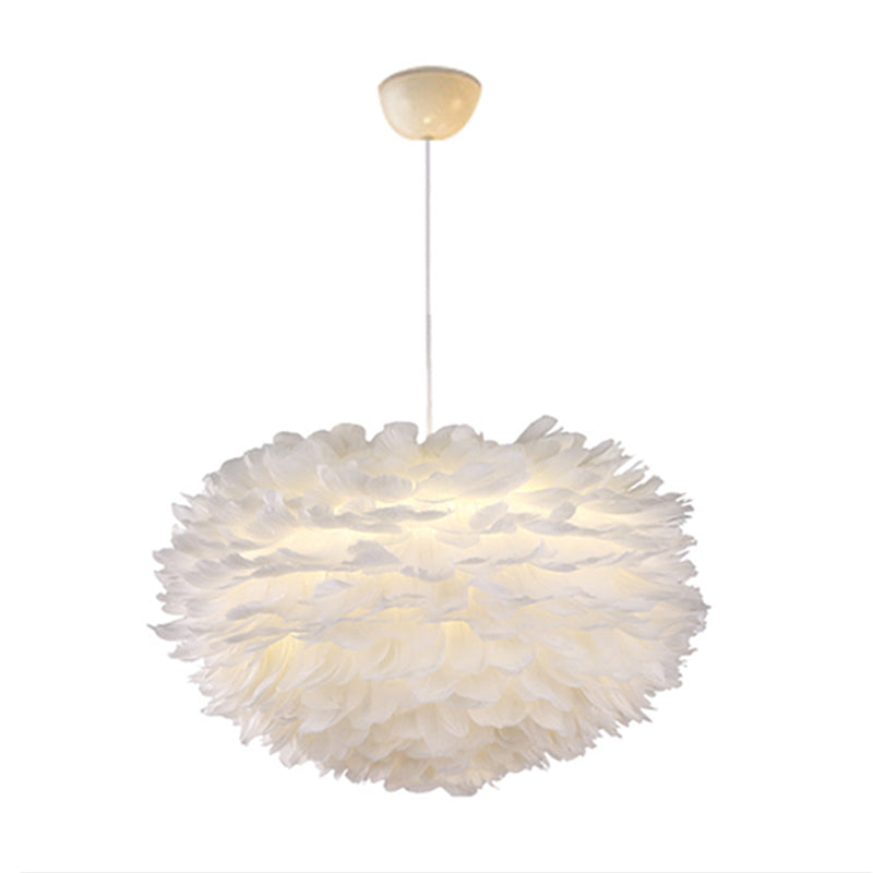 White Globe Shaped Hanging Chandelier Nordic Style Feather Suspended Lighting Fixture