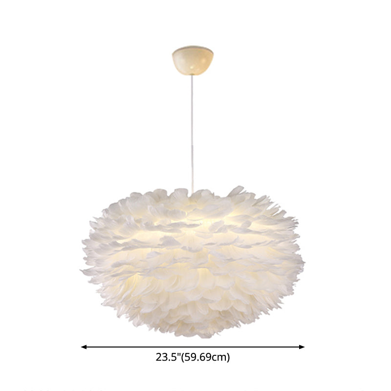 White Globe Shaped Hanging Chandelier Nordic Style Feather Suspended Lighting Fixture