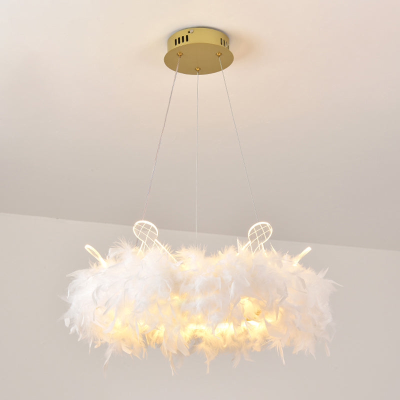 Feather Crown Suspension Lighting Nordic Gold and White Chandelier for Girls Room