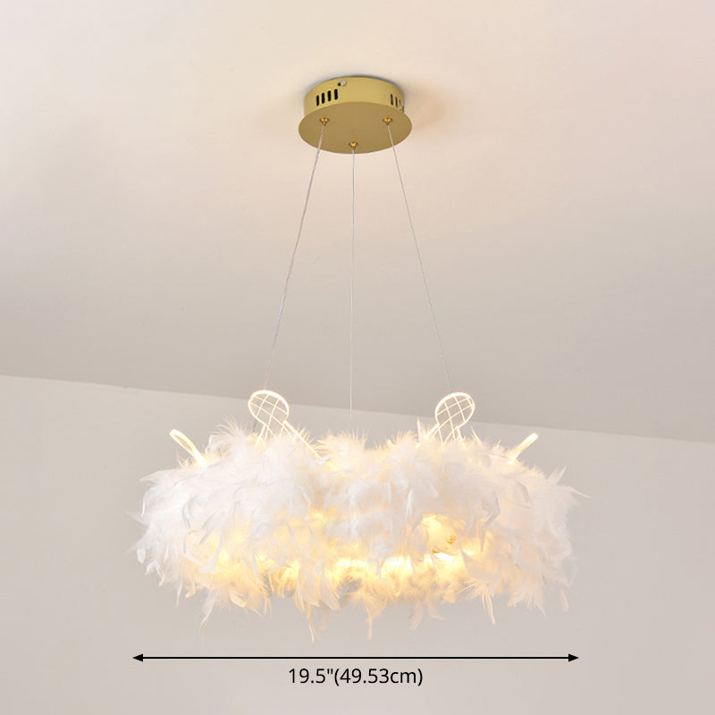 Feather Crown Suspension Lighting Nordic Gold and White Chandelier for Girls Room