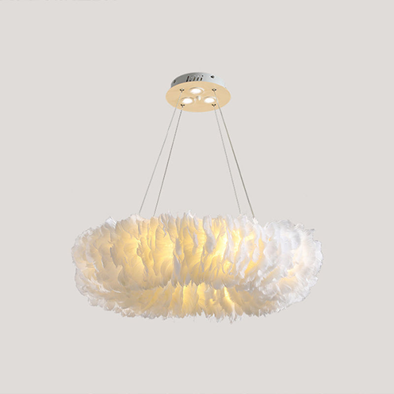 White Doughnut Chandelier Lamp Minimalist Feather Loop Pendant Lighting Fixture