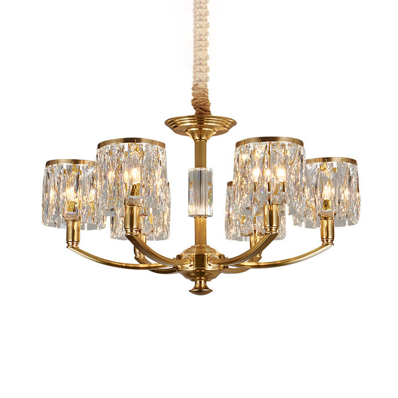 Brass Arced Arm Hanging Lamp Modern Metal Chandelier with Prismatic Crystal Shade