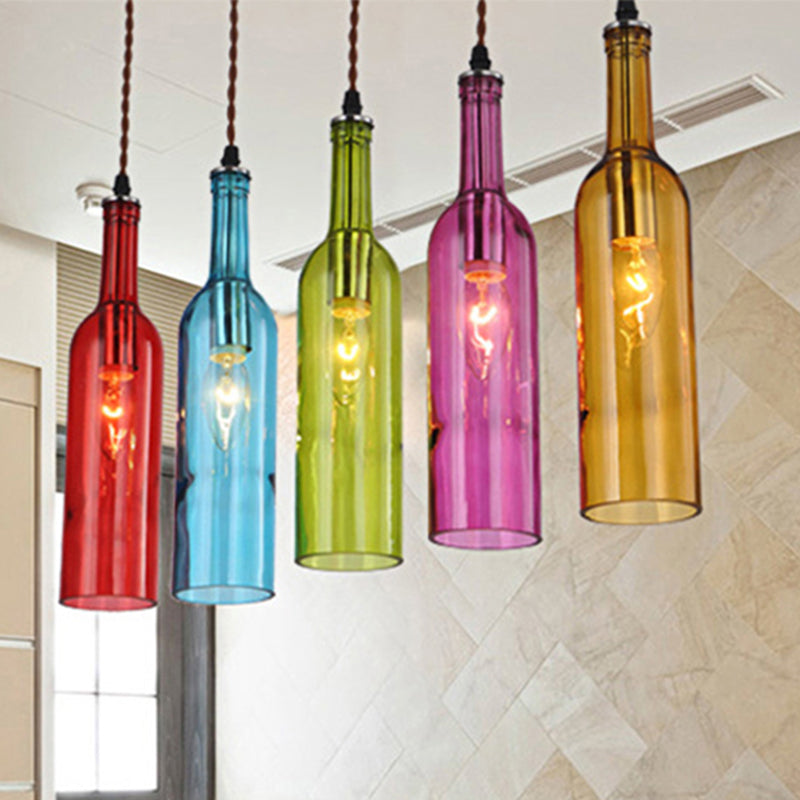 Red/Yellow 1 Head Hanging Light Fixture Vintage Style Glass Wine Bottle Suspension Lamp for Dining Room