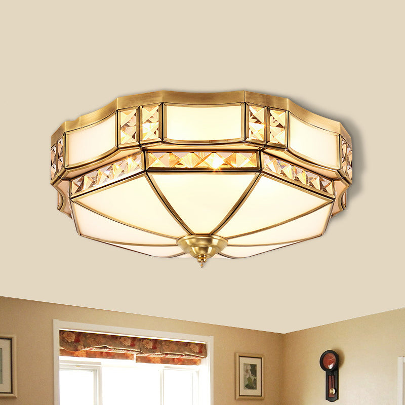 Yurt Shape Flush Lamp Traditional 3/4/6 Lights White Glass Ceiling Flush Mount with Crystal Accent