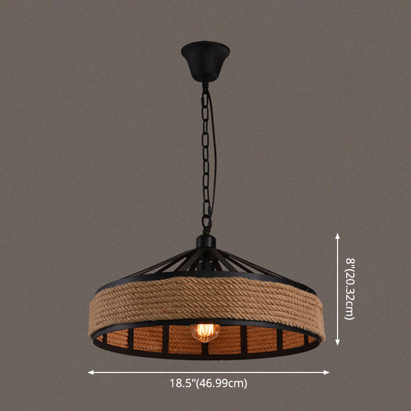 Drum Metal Pendant Light Industrial 1 Light  Rope Hanging Lamp in Black