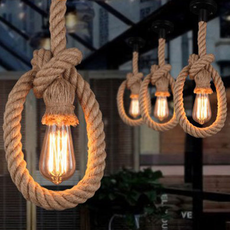 Industrial Exposed Bulb Pendant Light 1 Light Hemp Rope Hanging Lamp in Beige