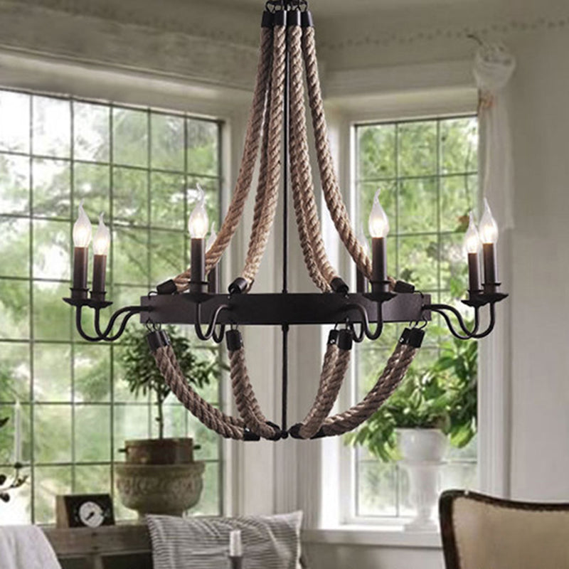 Circular Metal Ring Rope  Hanging Ceiling Light Industrial Black Pendant Light Fixture