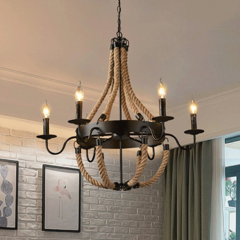 Circular Metal Ring Rope  Hanging Ceiling Light Industrial Black Pendant Light Fixture