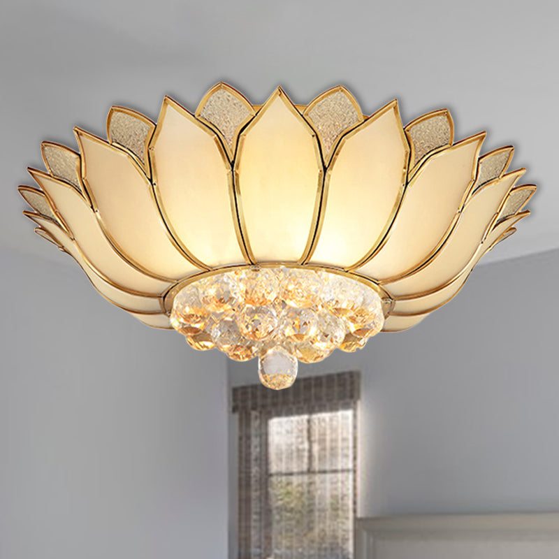 Golden Lotus Flush Mount Light Traditional 4/6 Lights Glass Ceiling Lamp with Crystal Drop