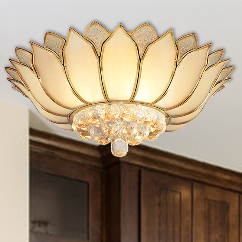 Golden Lotus Flush Mount Light Traditional 4/6 Lights Glass Ceiling Lamp with Crystal Drop