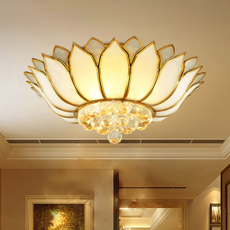 Golden Lotus Flush Mount Light Traditional 4/6 Lights Glass Ceiling Lamp with Crystal Drop