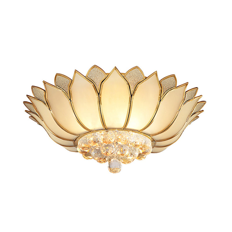 Goldene Lotus-Unterputzleuchte, traditionelle 4/6-Licht-Deckenleuchte aus Glas mit Kristalltropfen