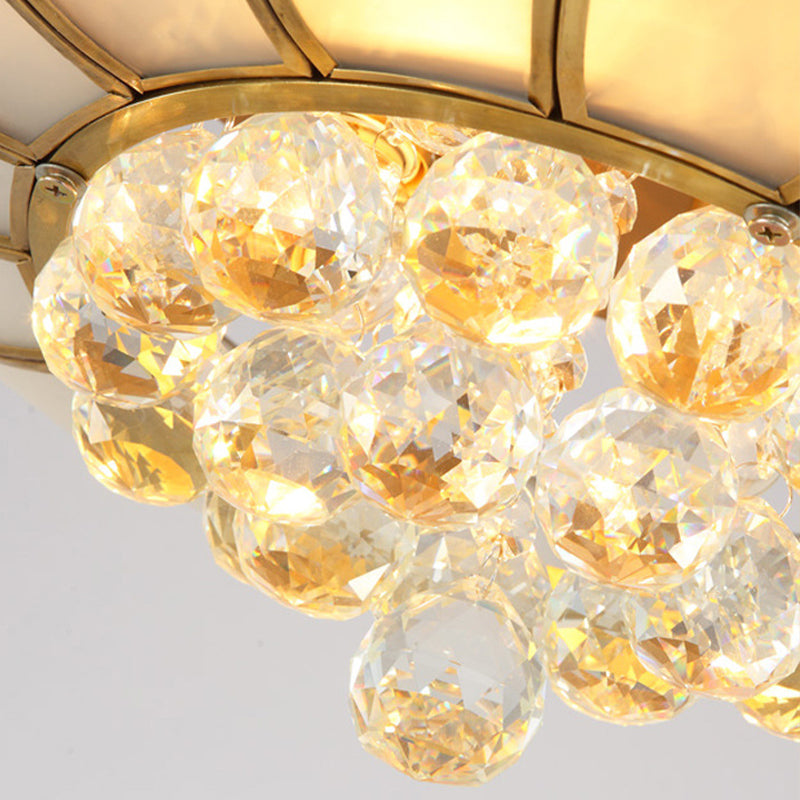 Golden Lotus Flush Mount Light Traditional 4/6 Lights Glass Ceiling Lamp with Crystal Drop