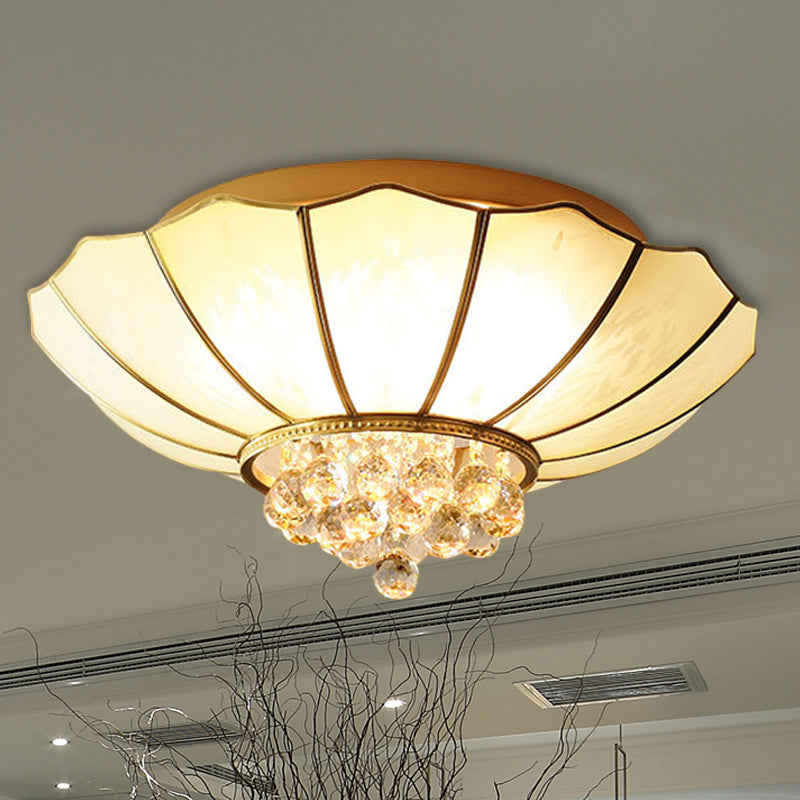 White Flared Ceiling Flush Mount Contemporary 4/6-Light Ribbed Glass Flushmount Lighting with Crystal Finial