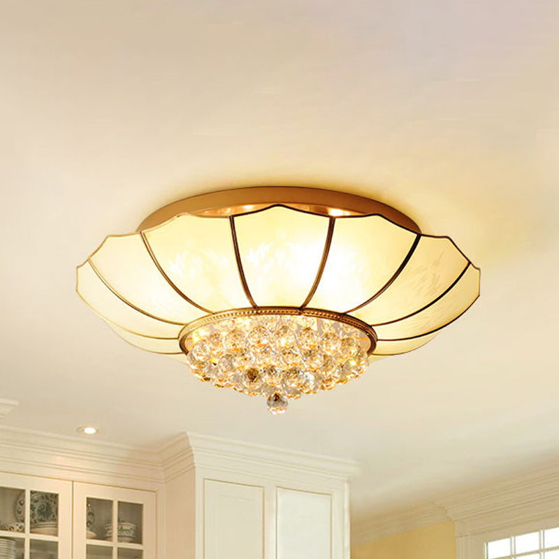 White Flared Ceiling Flush Mount Contemporary 4/6-Light Ribbed Glass Flushmount Lighting with Crystal Finial