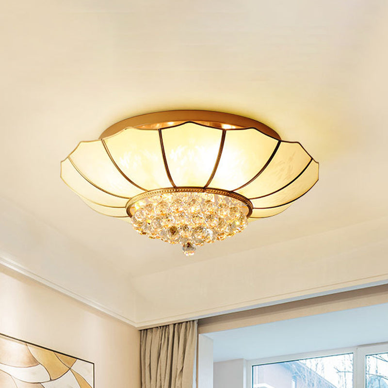 White Flared Ceiling Flush Mount Contemporary 4/6-Light Ribbed Glass Flushmount Lighting with Crystal Finial