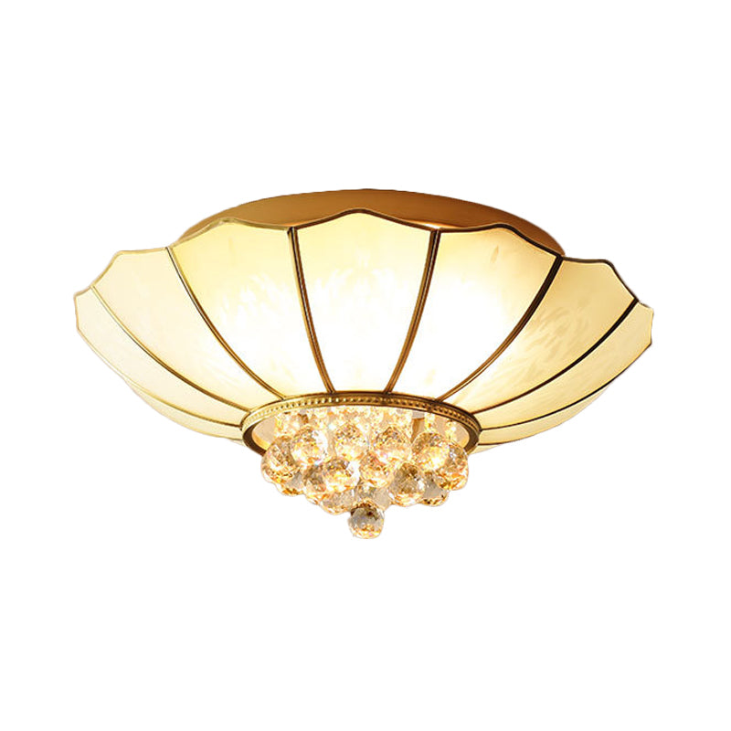 White Flared Ceiling Flush Mount Contemporary 4/6-Light Ribbed Glass Flushmount Lighting with Crystal Finial